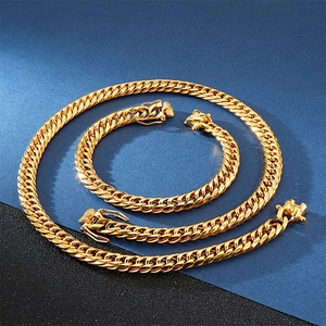 Ensemble de collier et bracelet gourmette pour homme en acier inoxydable doré 18 carats