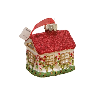Christmas tree hanging ornament in house shape with red glitter roof and ribbon