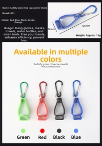 Detail view of colorful glove clip hooks for safety work gear and outdoor tools