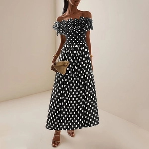 Polka Dot One-Piece Swimsuit And High Waist Skirt Off Shoulder Retro Ruffle 3D Floral Beachwear Polyester Spandex Women