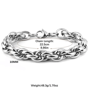 Polished silver stainless steel twist chain bracelet with 10mm wide links on white background