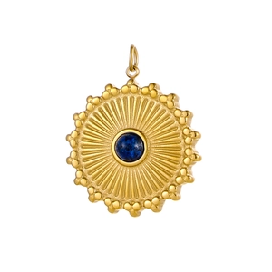 Macro view of gold sun pendant with dark blue natural stone inlay and beaded detail