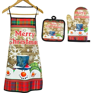 Christmas snowman kitchen set including a festive apron, oven mitt, and heat pad
