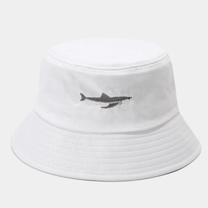 White cotton bucket hat featuring grey shark embroidery for outdoor sun protection
