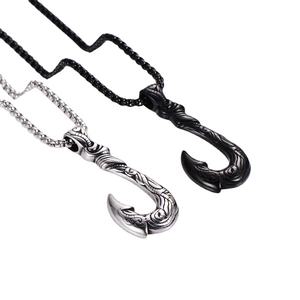 Steel Maui fish hook pendants in silver and black with tribal texture on box chains