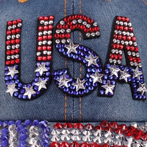 Blue denim baseball cap with USA rhinestone design and metallic star accents