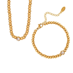 Titanium Steel 18K Gold Plated Beaded Necklace And Bracelet Jewelry With Round Zircon Pendant Dainty Style For Women