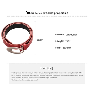 Detailed specifications of red leather belt with oval alloy buckle and dimensions 112x5cm