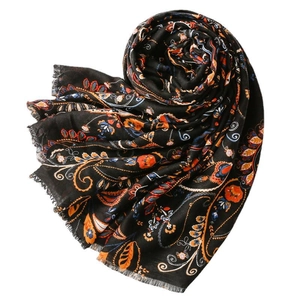 Ethnic paisley print cotton-linen scarf in black with decorative tassel edges