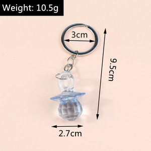 Blue acrylic pacifier keychain with silver ring, size 9.5cm height and 10.5g weight