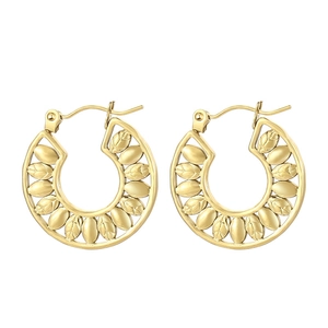 French style gold hollow hoop earrings with leaf pattern in high quality titanium steel