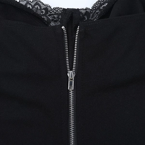 Close-up of high-quality silver metal zipper on black floral lace camisole top