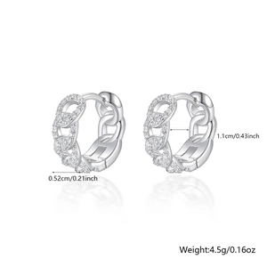 Detail view of silver paved hoop earrings with chain texture and size dimensions