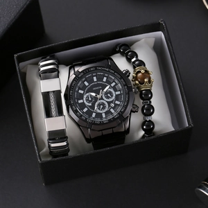 Heren sport horloge set met zwarte metalen band en goudkleurige kroon kralenarmband in doos