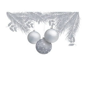Minimalistische silberne Weihnachtskugeln mit Schneeflocken und Tannennadel-Deko