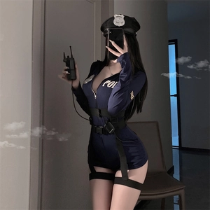 Women Sexy Police Role Play Costume Lingerie Bodysuit With Hat Belt And Walkie Talkie Prop Zipper Front Blue
