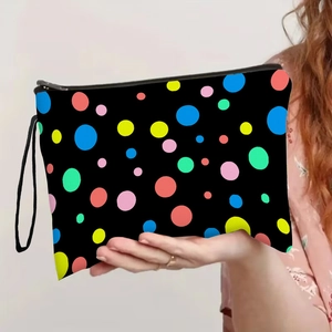 Trousse à maquillage noire à pois colorés avec fermeture éclair et dragonne