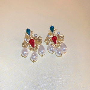 Vintage Palace Drop Earrings Copper Rhinestone Faux Artificial Pearl Tassel Women With 925 Sterling Silver Earring Post