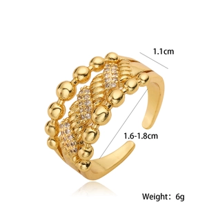 Detail of 1.1cm wide gold ring with beaded texture and zircon inlay dimensions shown