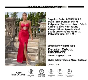 Detail of red satin dress featuring mesh patchwork and high slit on a garden staircase