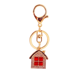 Colorful rhinestone house keychain with gold metal finish and red enamel windows charm