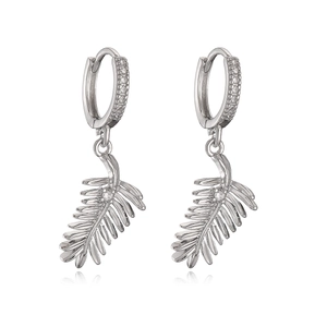 Minimalist silver hoop earrings with zircon stones and a delicate leaf pendant