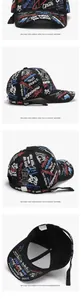 Detail view of black graffiti baseball cap showing street style print and cotton inner tag