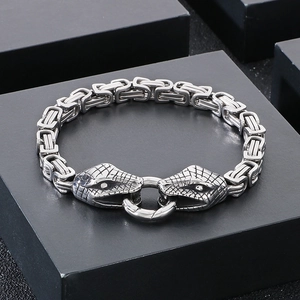 Men's double snake head titanium steel bracelet with Byzantine chain design in silver