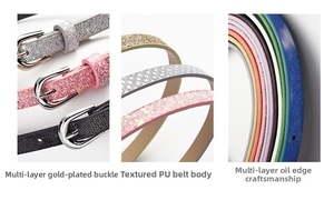 Detail of glitter PU leather belt with gold-plated buckle and smooth oil edges