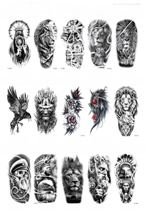 Detail showing 15 black and grey temporary tattoo designs including lions and myths