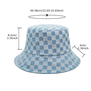 Blue and white checkered denim bucket hat for women with 56-58cm head circumference