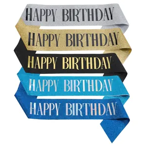 Glitter birthday sashes in multiple colors featuring bold Happy Birthday printed text