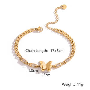 Detailed size view of gold butterfly bracelet with zircon inlay on polished stainless steel