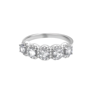 Detailed macro view of S925 silver ring featuring five round-cut halo set diamonds