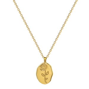 Gold titanium steel necklace featuring an irregular rose embossed pendant on an O-chain