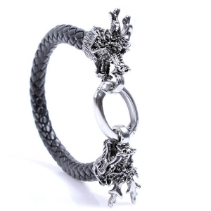 Hip hop black braided leather bracelet featuring detailed silver metal dragon heads