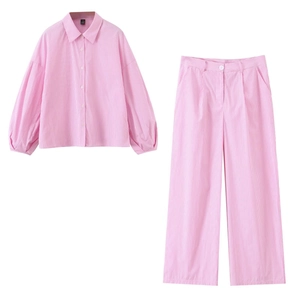 Camicia E Pantaloni A Righe Rosa Bianco Manica Lunga Revers Bottoni Gamba Larga Poliestere Casual Moda Donne