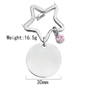 Custom stainless steel star keychain with round tag and pink crystal for Mother's Day gift