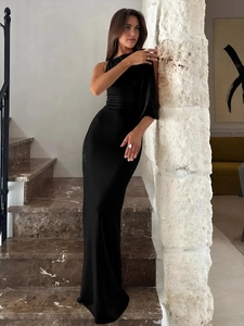 Elegant black silk satin floor-length dress with side streamer detail for women