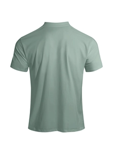 Back view of a plain sage green cotton blend t-shirt with detailed fabric texture