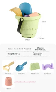 Close-up of a 6-piece children's beach toy set featuring a sand bucket and varied shovels