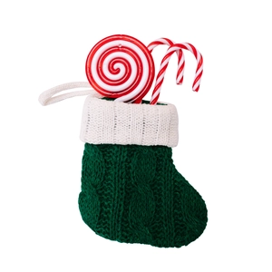 Green knitted Christmas stocking filled with candy canes and lollipop for tree decoration