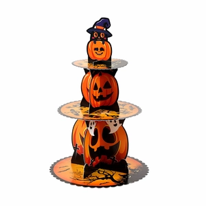 3-tier Halloween cardboard cupcake stand with pumpkin, black cat, and ghost patterns