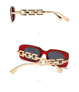 Side and back view of red square sunglasses with unique gold chain-style temples