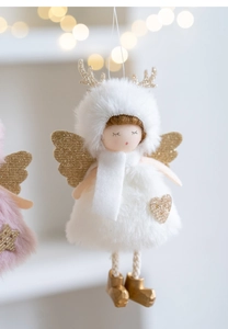 Detail of Christmas angel plush pendant with gold antlers and sparkling wings decor