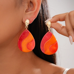 Teardrop Drop Earrings Geometric Patchwork Resin Marbled Hammered Alloy With Silver Earring Post Retro Boho Women