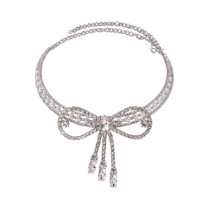 Elegant silver bow tassel choker necklace with sparkling crystals and white pearls