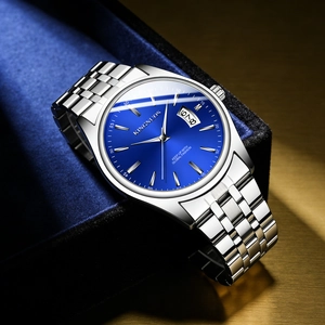 Fashionable men's stainless steel quartz watch with blue dial and calendar feature in box