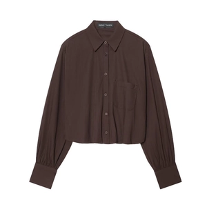 Women's minimalist brown checkered long sleeve shirt with front pocket and buttons