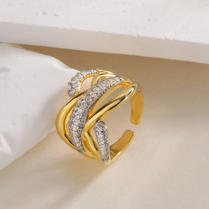 Two-tone plated multi-layer crisscross gold ring with pavé zircons and adjustable band